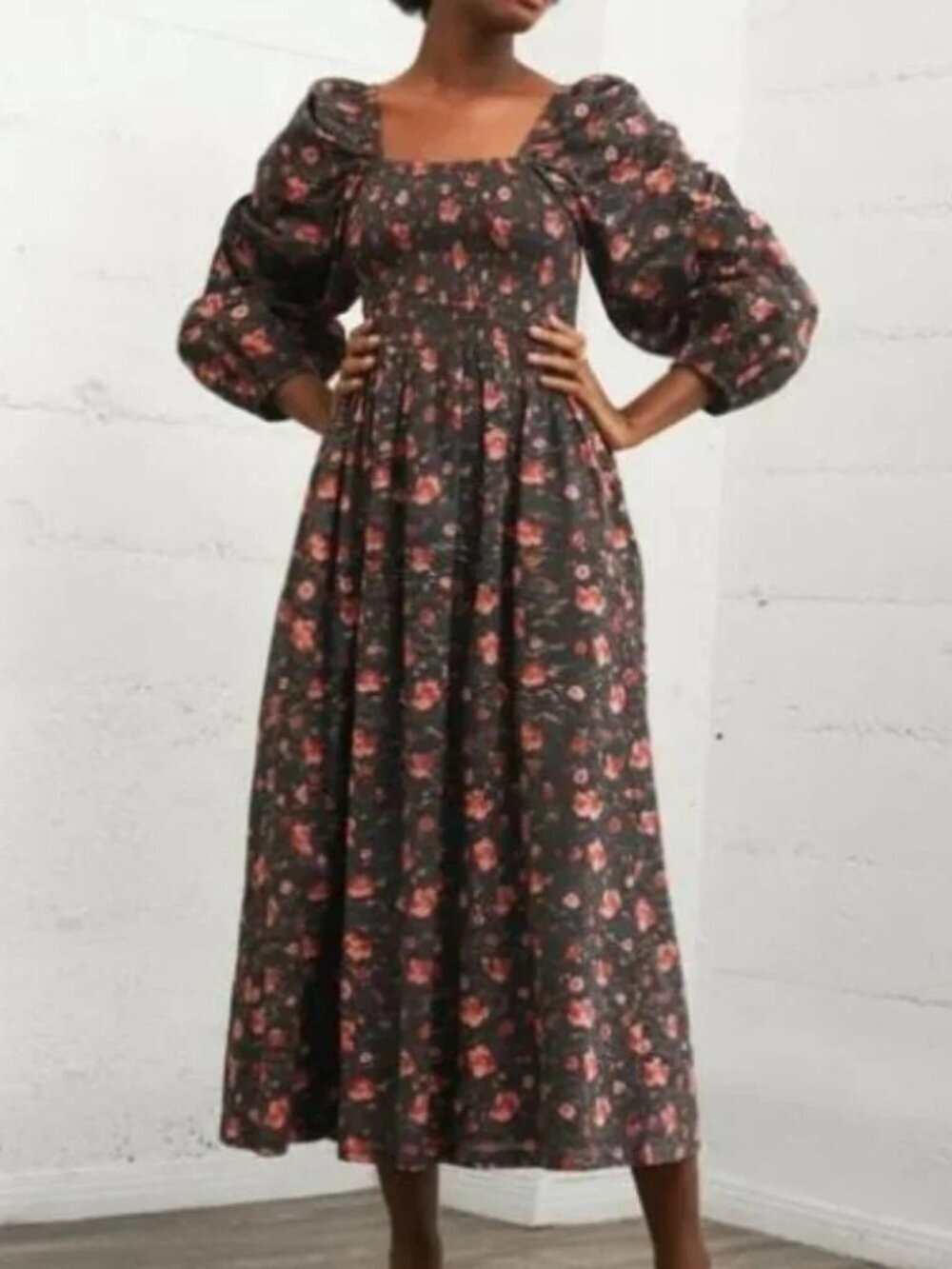 Romantic Cottage Soft Girl WVN Black Pink Floral Block Print Maxi Dress Large